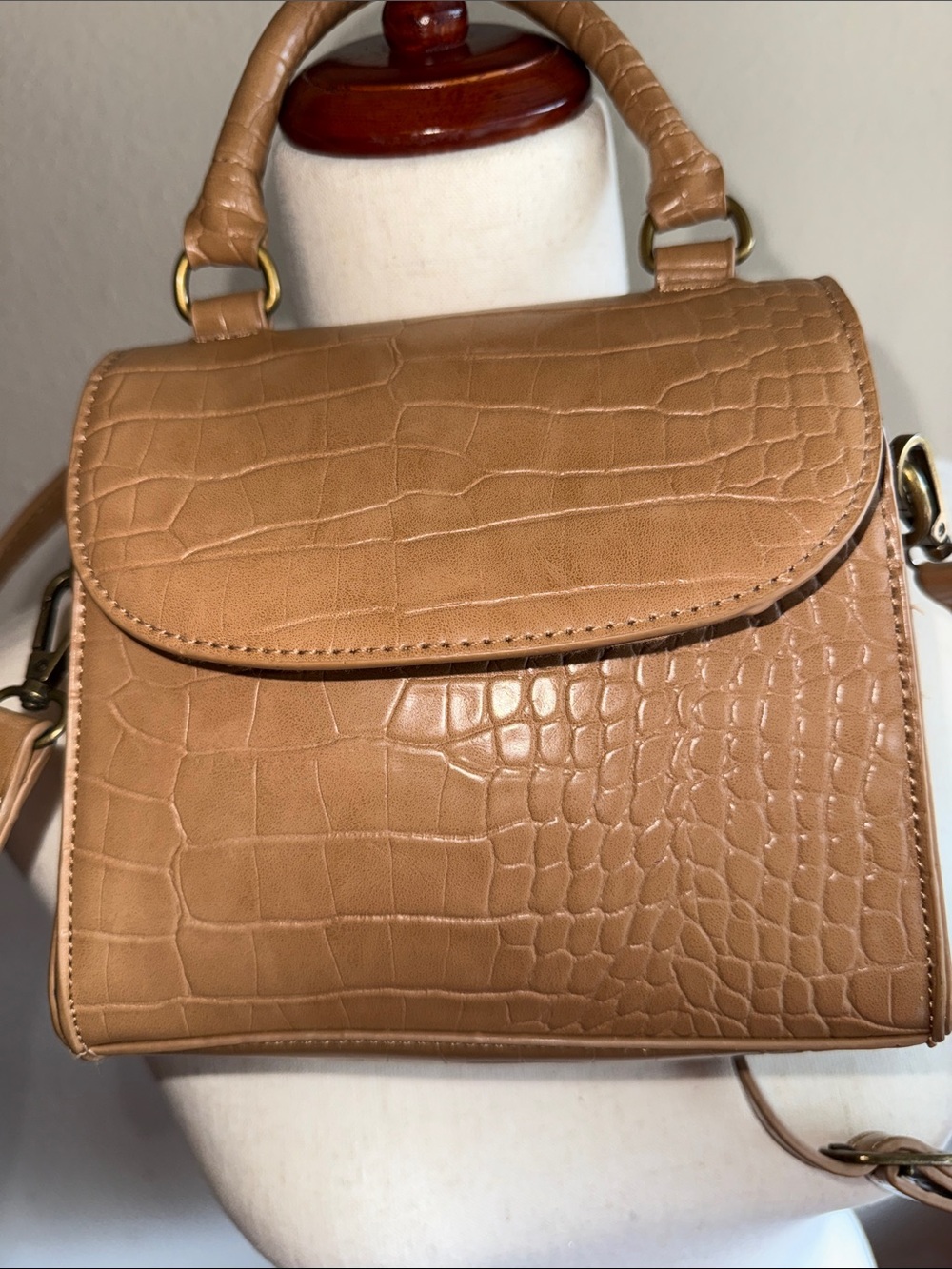 Croc-Embossed Top Handle Satchel in Tan